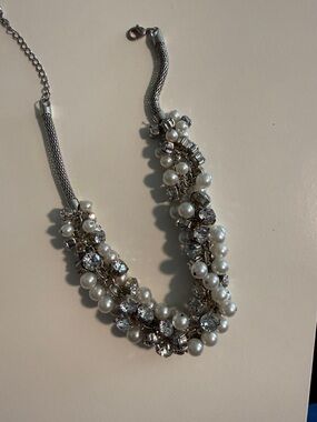 Pearl & Crystal Costume Statement Necklace - Silver and White